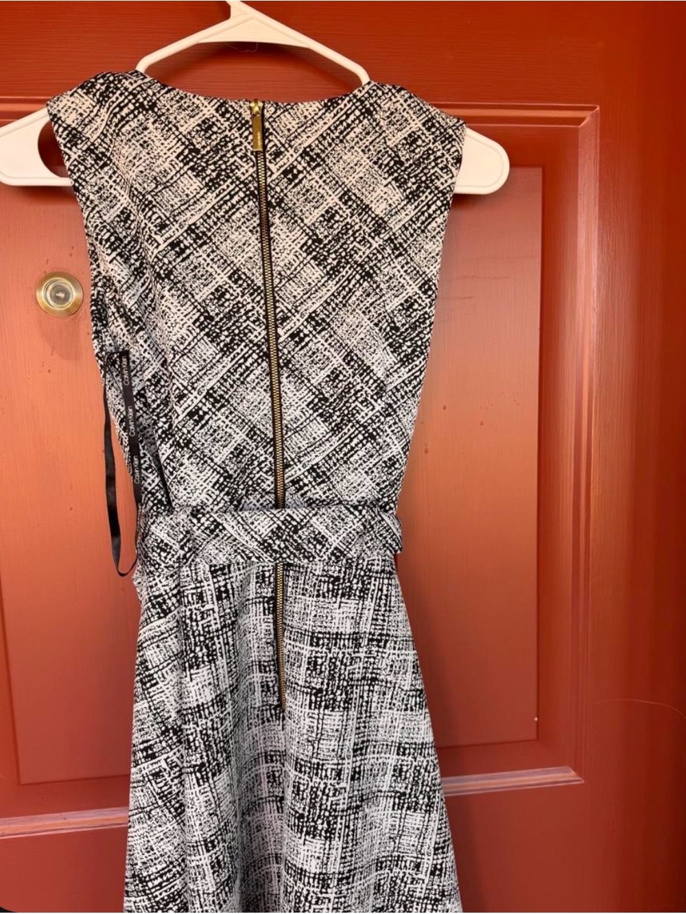 Calvin Klein Black and White Textured Belted Sleeveless Dress - Picture 2 of 3